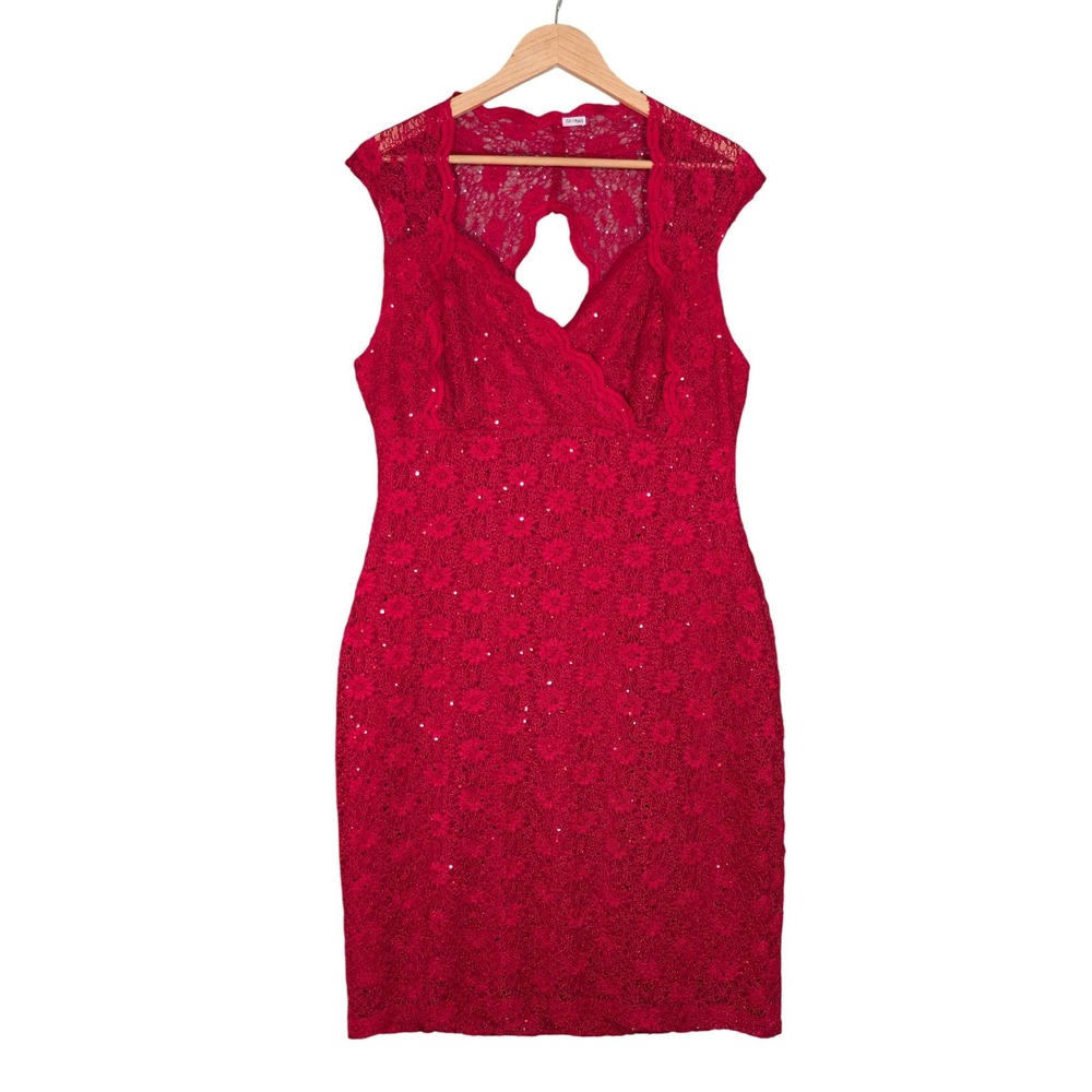 Connected Apparel Women's Red Sequin Lace Faux Wrap Sheath Dress 14
